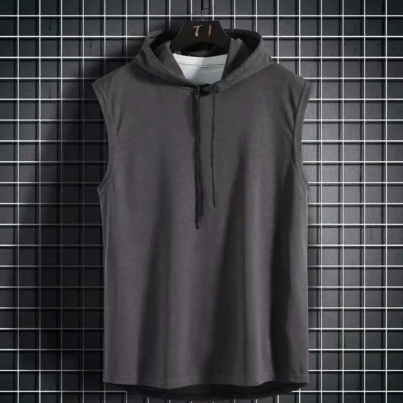 Men's lace up hooded sleeveless vest, men's summer loose solid color hip-hop T-shirt top, sports vest