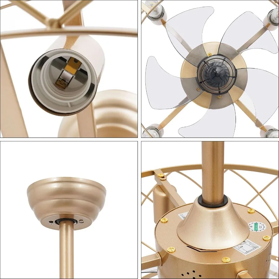 20'' Gold Cage Design Ceiling Fan with 3-Speed Operation Remote Control Functionality Industrial Enclosed Metal Construction Ch