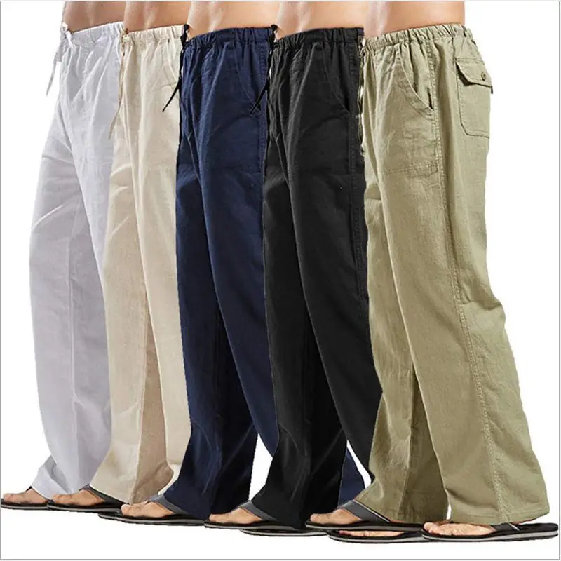 

Men's Cotton Linen Pants Loose Spring Casual Pants Male Breathable Solid Color Full Length Drawstring Jogger Linen Trousers