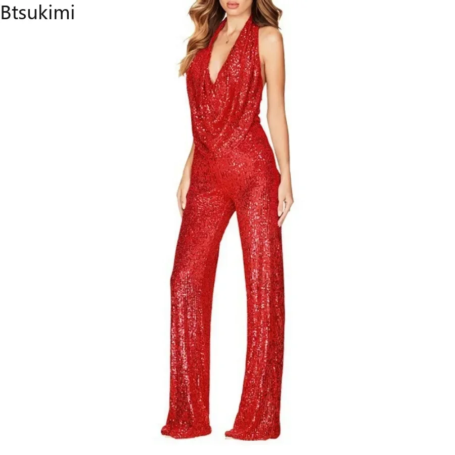 Nieuwe Pailletten Jumpsuit Vrouwen 2024 Lente Zomer Mouwloze Hangende Hals Pailletten Wijde Pijpen Jumpsuits Dame Outfits Club Party Outfits