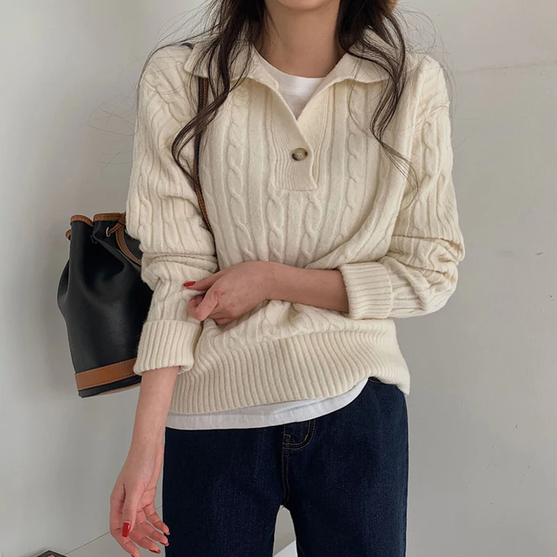 

Elegant Knitted Pullover Loose Women Sweater Solid Fashion Style Lapel Twists Casual Tops Versatile Office Simple Retro Clothing