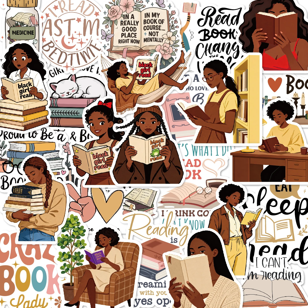 50PCS Black Girls Bookish Stickers for Bookworm Reading Stickers Book Lover Scrapbooking Supplies Junk Journal Decoration