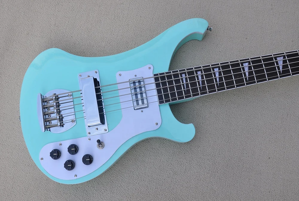 Blue body 5 strings Electric Bass Guitar with White Pickguard,Rosewood Fingerboard,Chrome Hardware,Provide custom service