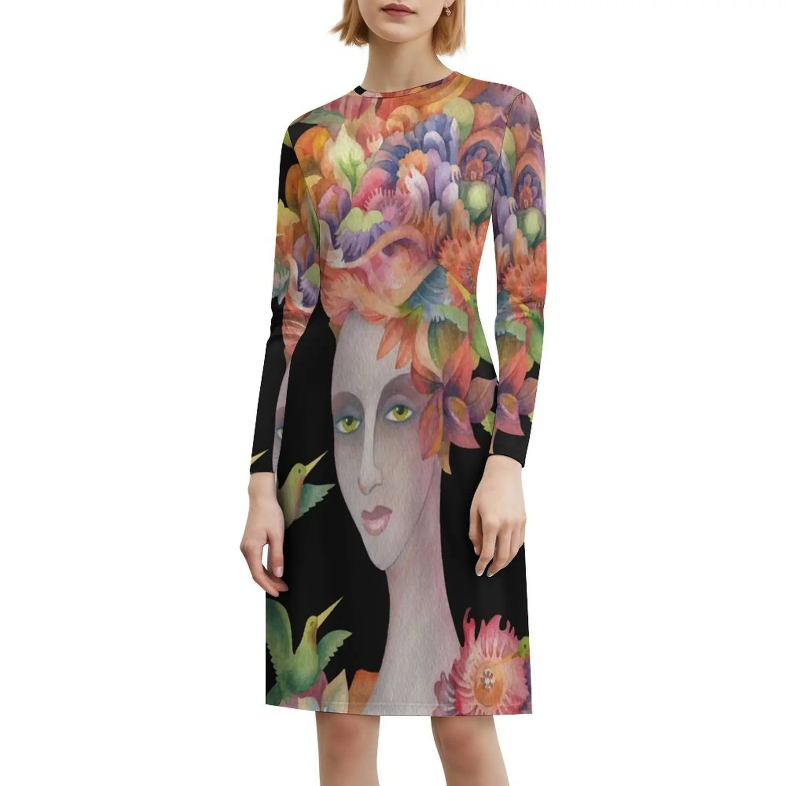 Who'S That Girl ? #4 Floral Smock Dress For Women Spring Summer Casual Dress For Party Watercolor Girl Hummingbirds Flowers