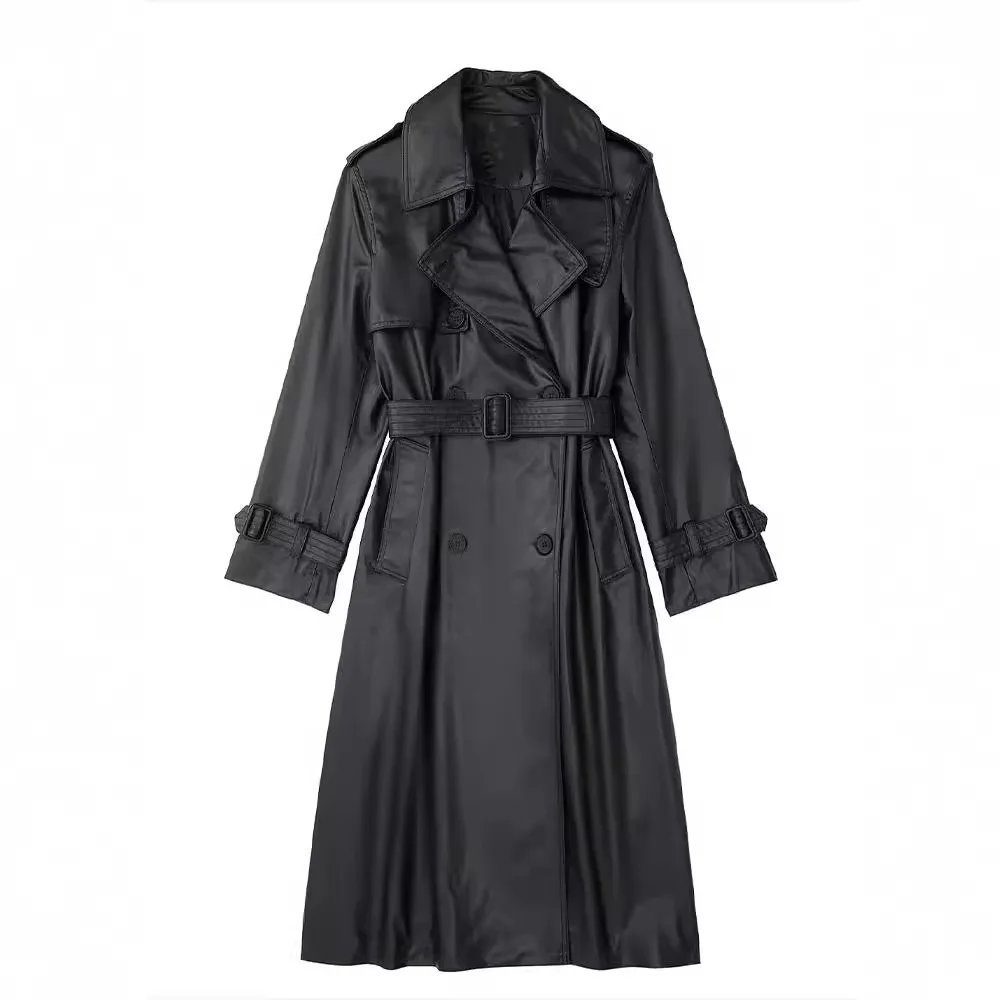 2024 Autumn and Winter Long Oversized Black Pu Leather Trench Coat for Women Belt Double Breasted Loose Casual Korean Fashion