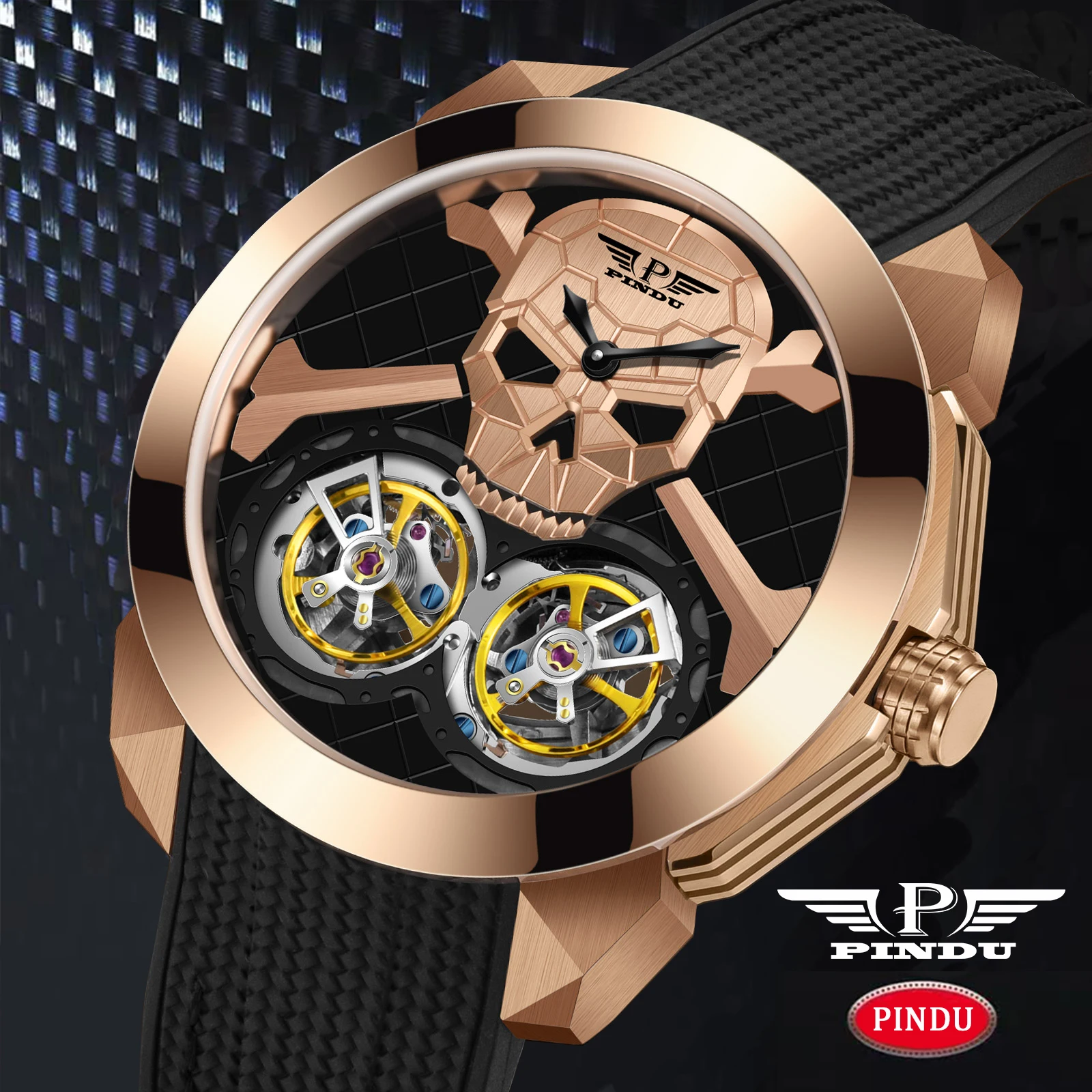 

PINDU New Double Flying Wheel Mechanical Watch Men Ghost Head Dial JHLS33-1 Movement Waterproof Stainless steel Mechanical Watch