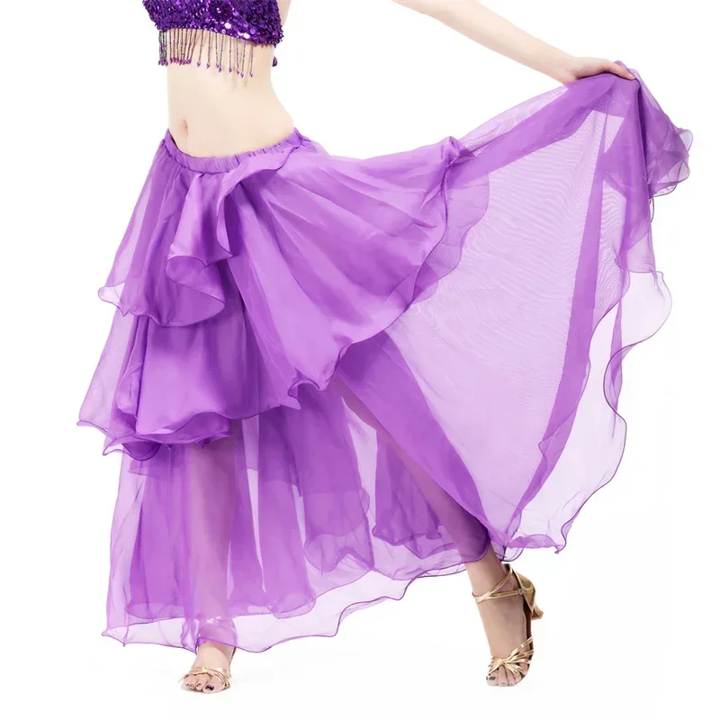 Women Belly Dance Lesson Wear Adult Chiffon Layered Skirt Dancing Costume Dress Gypsy Spanish Flamenco Oriental Practice Clothes