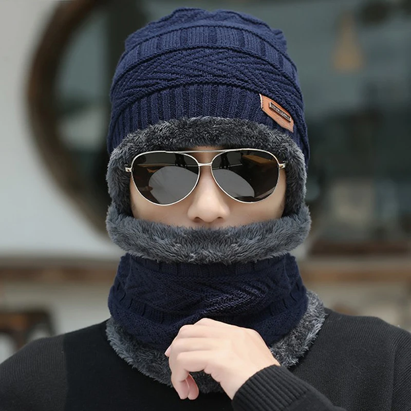 2022 Winter Beanie Hat for Men Knitted Hat Winter Cap Beanie Children Thick Wool Neck Scarf Cap Balaclava Mask Bonnet Hats Set