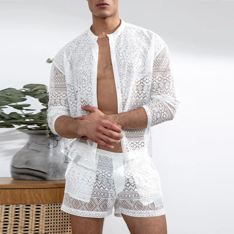 Men\'s Clothing Fashion Suit Men 2pcs Clothes Set Hollow Out Sexy Lace Short Sleeve Casual T Shirt Top Shorts Summer Solid Color