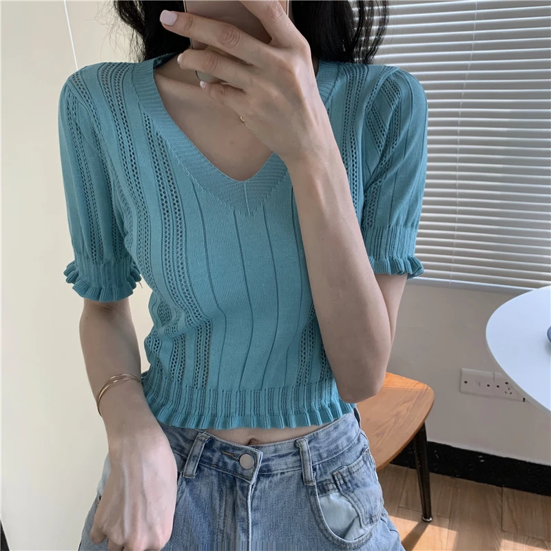Haut court en tricot à froufrous pour femmes, pulls à col en V à manches courtes, tenue esthétique pour adolescentes, Y-été, Y2K