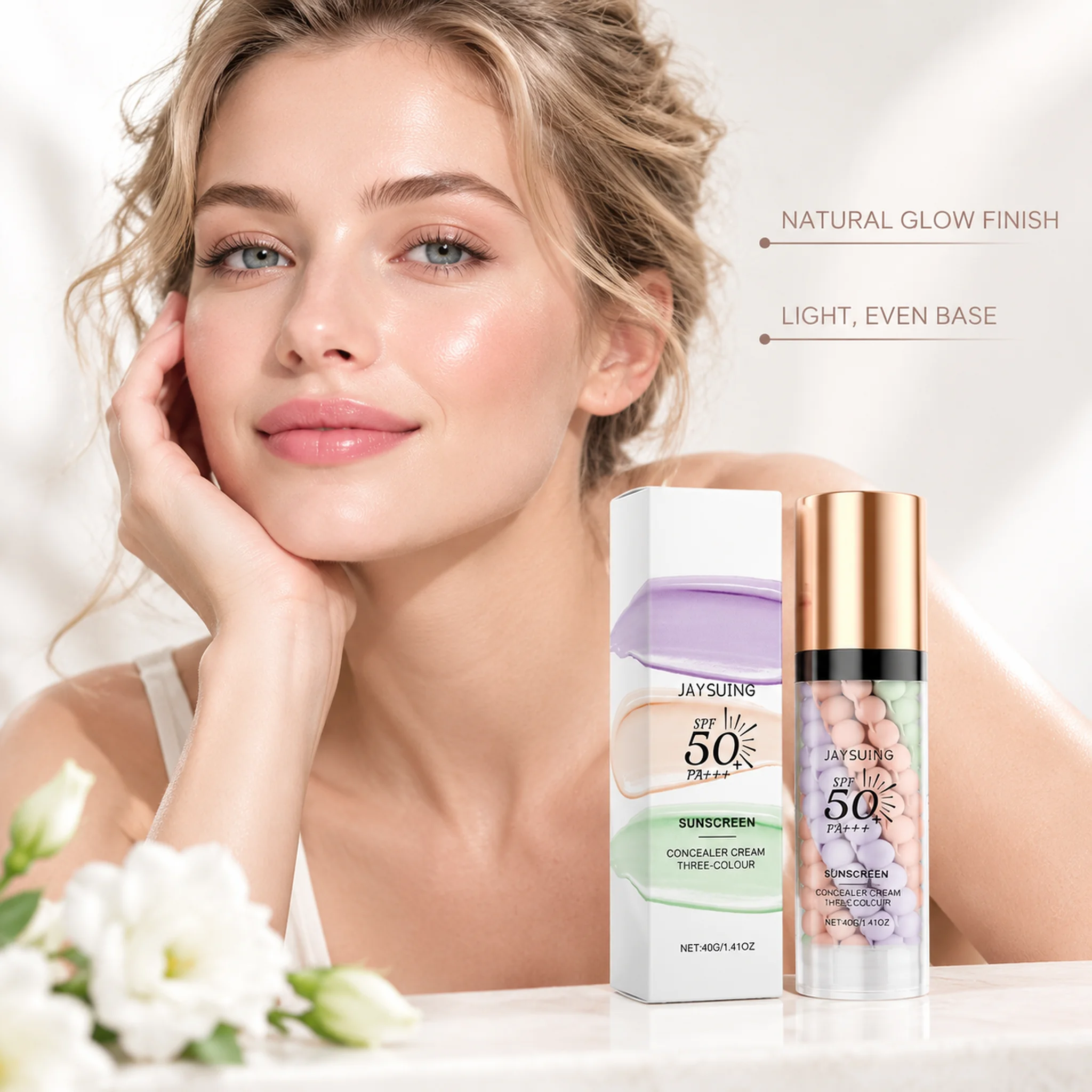 3-Colour Isolating Cream, Colour Correcting Makeup Base with Beads, Light Even Coverage, Natural Glow Finish, Fresh Feeling 40g