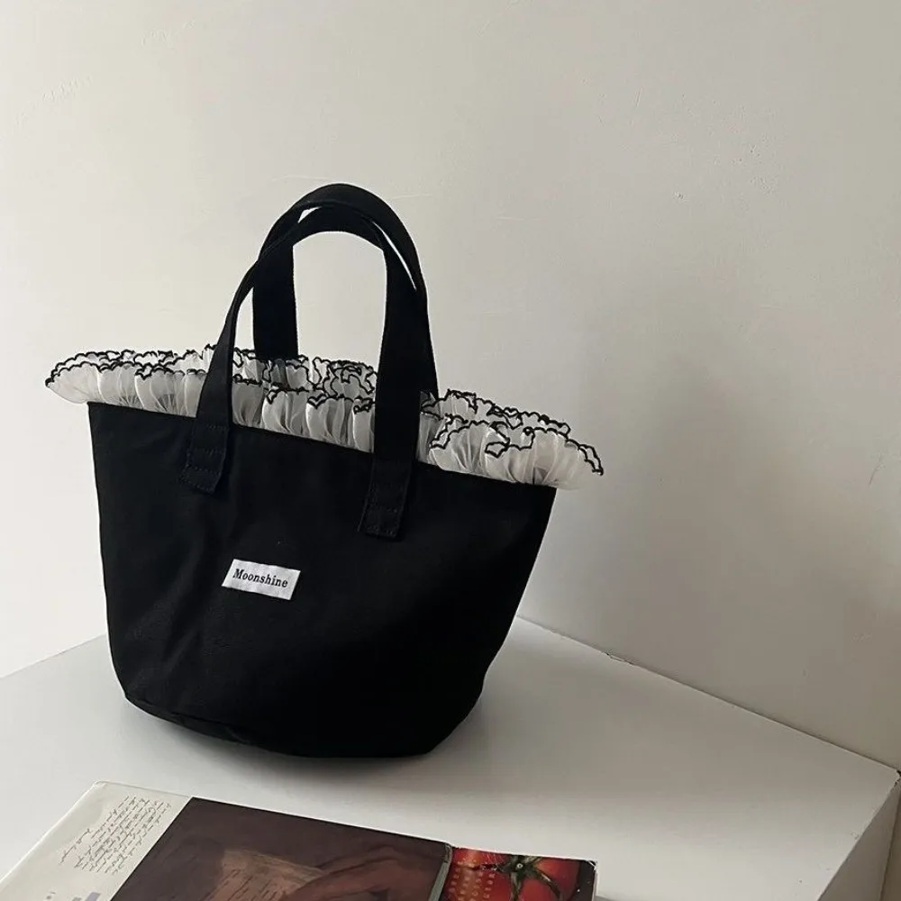 Ins Fashion Large Capacity Canvas Tote Bag Portable Ruffle Edge Lace Trim Handbag Lightweight Shopping Bag Travel
