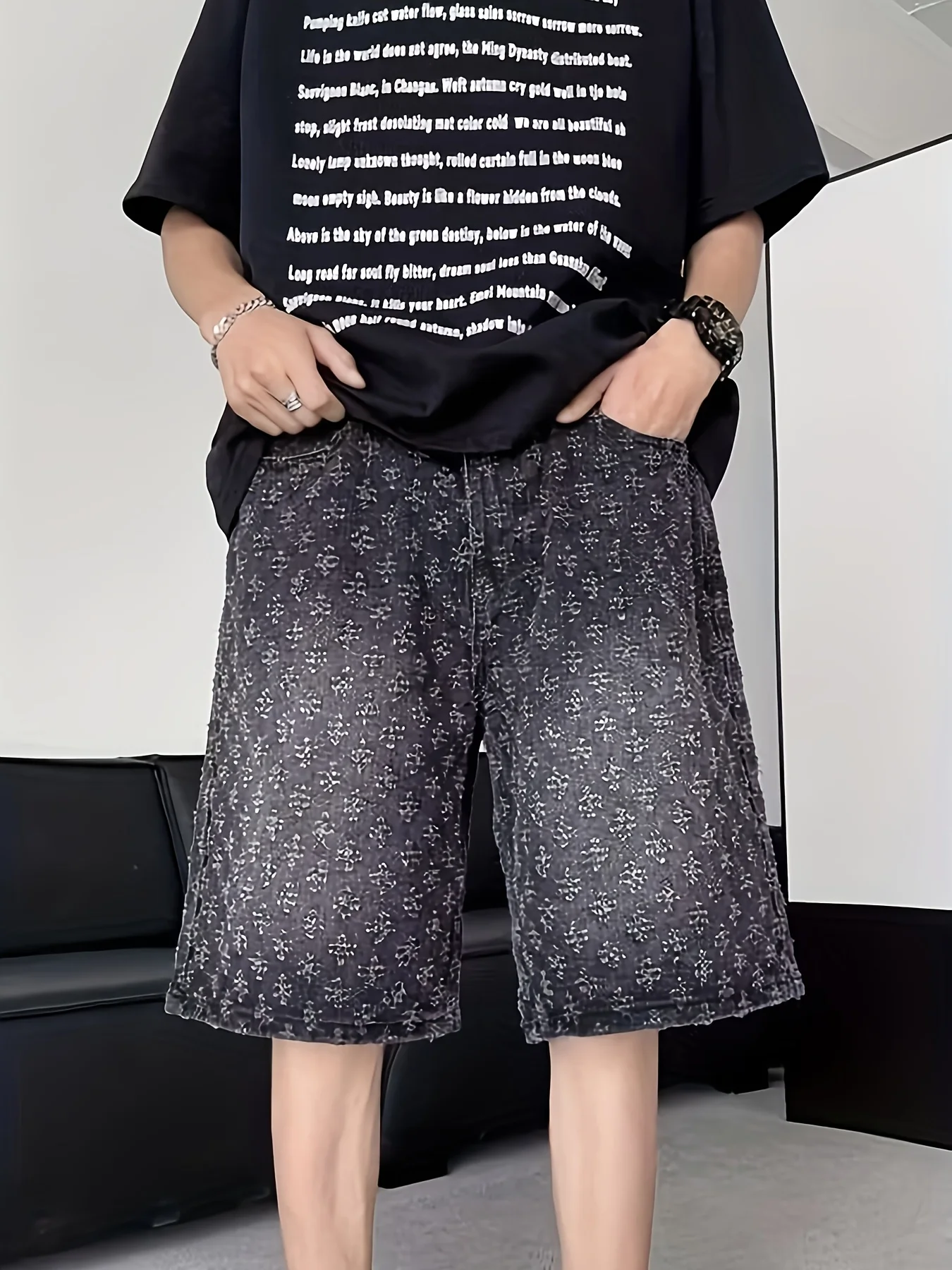 

High Street Trendy Ripped Denim Shorts for Men, Plus Size, American Style, Loose Straight-Leg Washed Denim Shorts for Summer