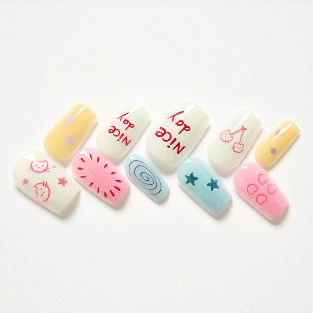 10Pcs Colorful Cartoon Nice Kitten Print Acrylic Nails Press on Short Fake Nails with Glue Stick on Full Cover Nail Art Tips