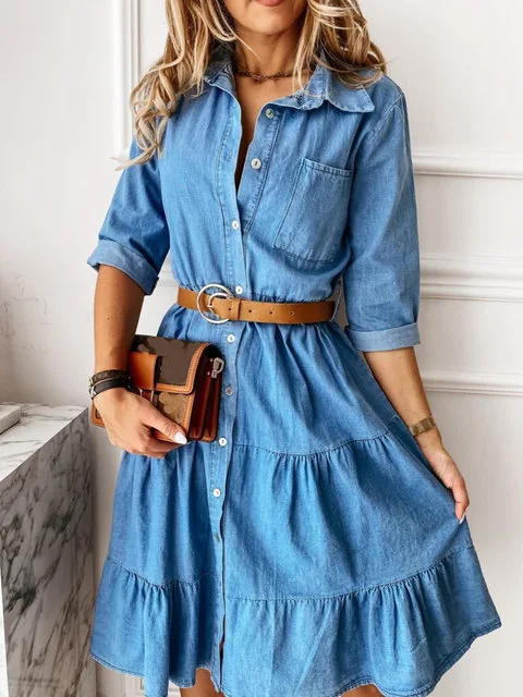 

Women's Dress Denim Turn Down Collar Patchwork Single Breasted Cowboy Skirt Women Solid Color Casual Korean Style Female Dress