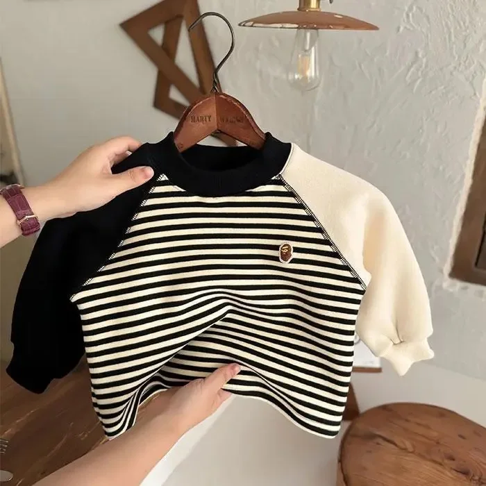 Autumn Winter Children Boy Striped Sweatshirt Cotton Spliced Long Sleeve Velvet Toddler Boy Pullovers Infant Baby Boy Undershirt