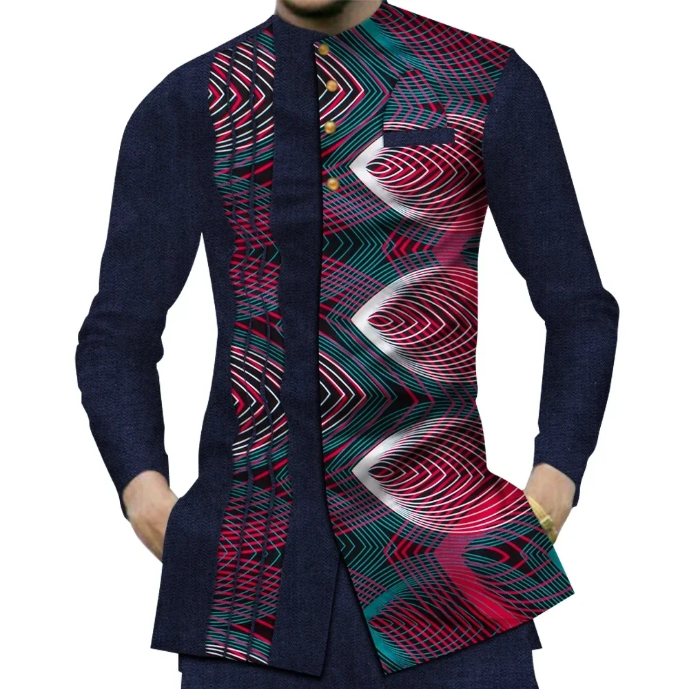 Casual 100% Cotton Mens African Clothing Dashiki Patchwork Print Shirt Tops Bazin Riche Traditional African Clothes WYN380 image 3