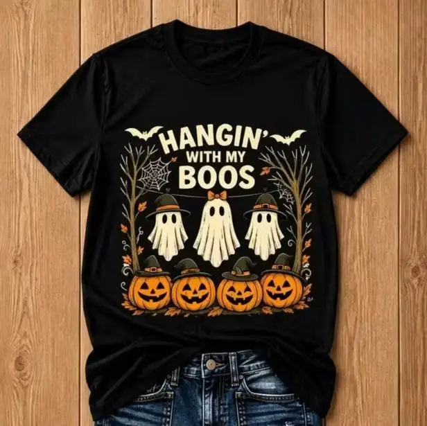 Unisex Hangin With My Boos Halloween Graphic Short Sleeve T Shirt Preppy Style Campus Outfit Round Neck Tee Ghost Pumpkin Witch Hat Print Holiday Party Casual Wear