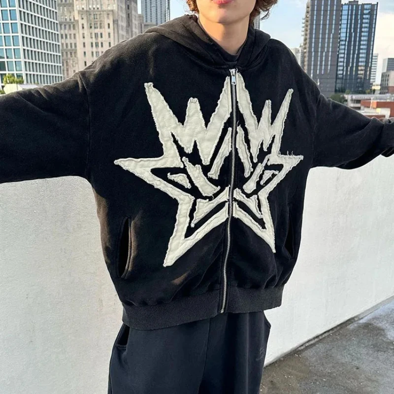 

Men's Gothic Street Hoodie, Embroidered Star Zipper Hoodie, Retro, Hip Hop, European and American, Autumn, Winter, Y2K, 2024