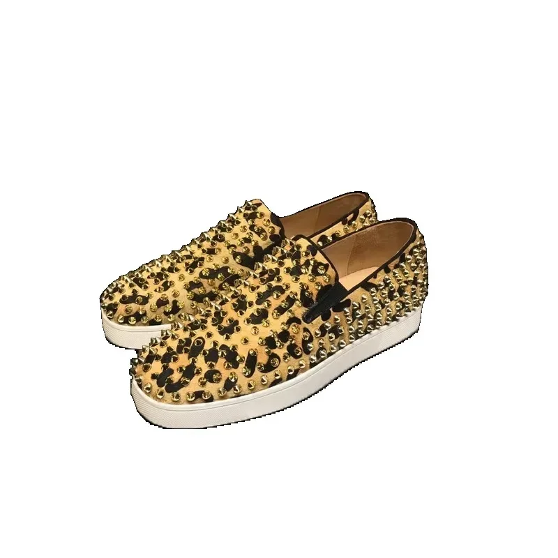 Women Luxury Brand Low Top Red Bottom Shoes For Men Trainers Spiked Yellow Leopard Genuine Leather Gold Rivets Flats Sneaker