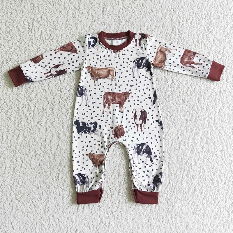 

Baby Boy Western Cow Dots Romper Summer Long Sleeve Bull Bodysuit Clothing Snap Botton Jumpsuit Kids Toddler One-piece Clothes