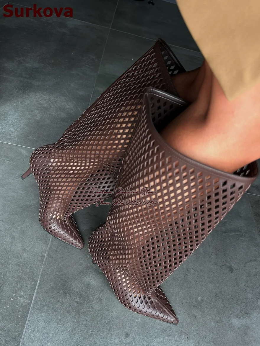 Coffee Matte Network Knee High Slouchy Summer Boots Stiletto Heels Pointed Toe Small Holes Hollow Out Cool Boots Caged Sandals
