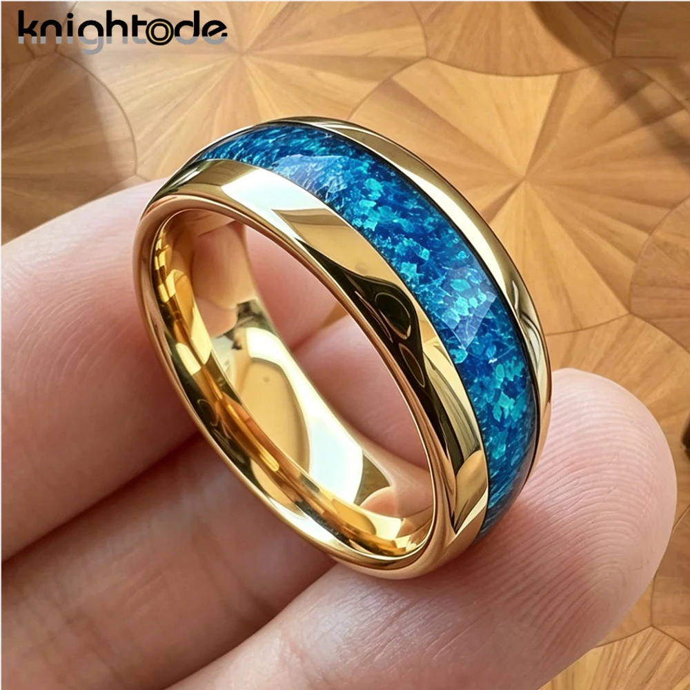 8mm 6mm 4mm Blue Opal Inlay High Polished Tungsten Carbide Rings Wedding Engagement for Men Women Band Dome Comfort Fit view 2