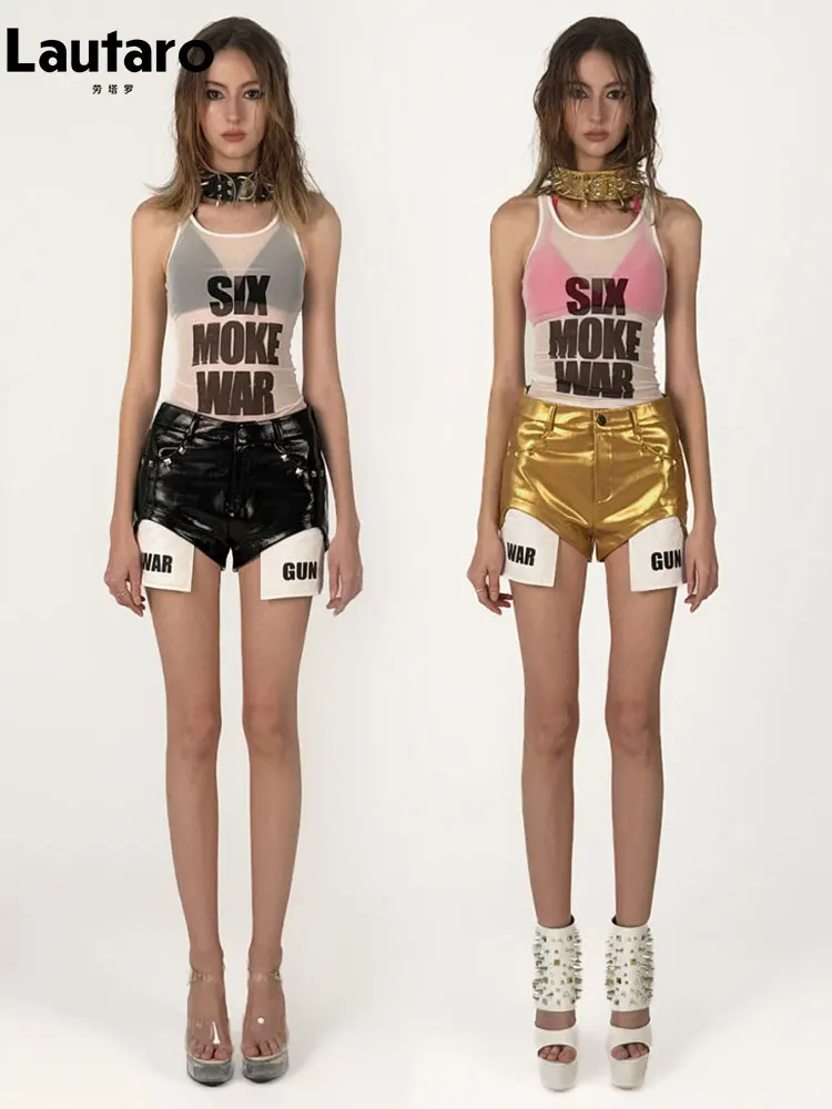

Lautaro Summer Sexy Shiny Gold Pu Leather Mini Shorts Women High Waist Punk Style Alt Gyaru Clothing Streetwear Y2K Buttoms 2026
