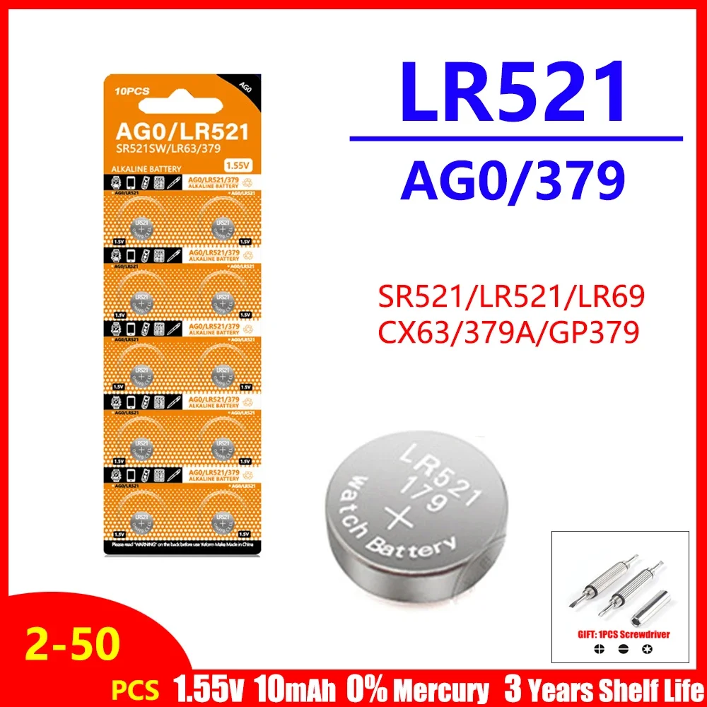 2-50PCS AG0 Button Batteries SR521SW 379A 379 179 D379 SR63 LR521 1.55V 10mAh Coin Cell Watch Toys Remote Battery