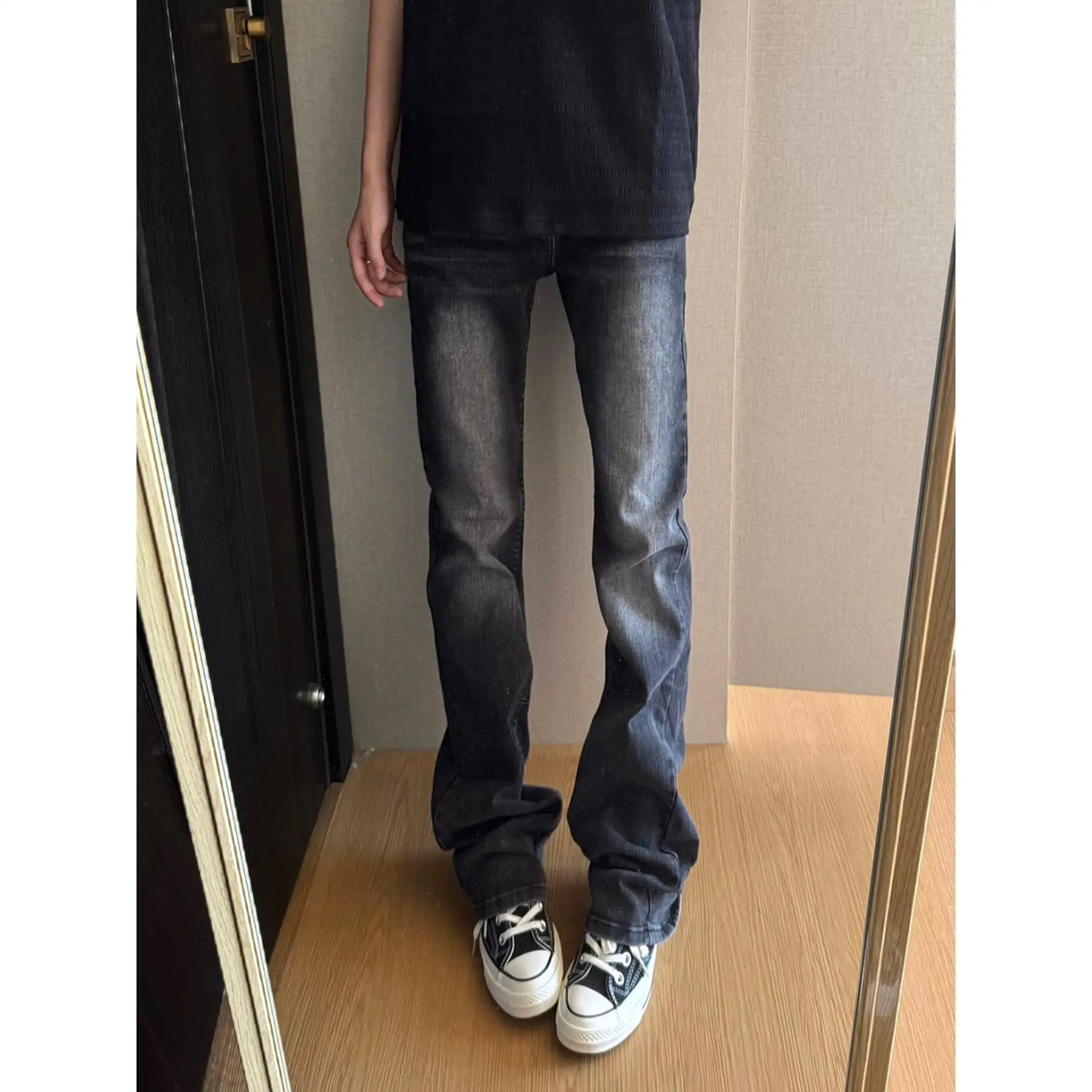 

High Waist American Style Slim Fit Jeans Men's Curved Blade Straight Leg Jeans Fashionable Slimming High Waist Bell Bottoms