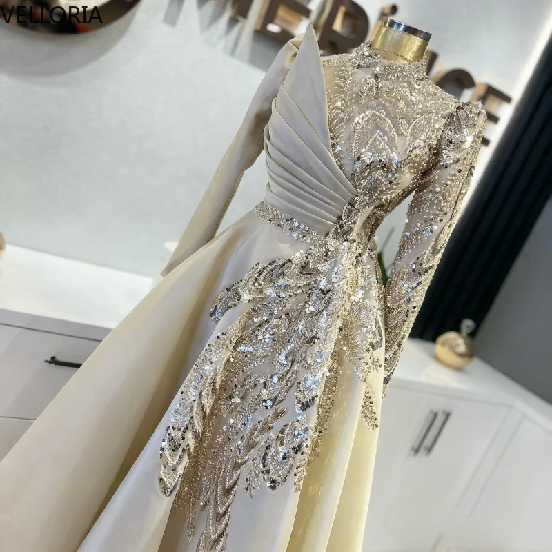 

Блестящее бальное платье цвета слоновой кости с высоким воротом, вечернее платье трапециевидной формы, роскошное женское вечернее платье из бисера в Саудовской Аравии, Vestdos De Fiesta по индивидуальному заказу