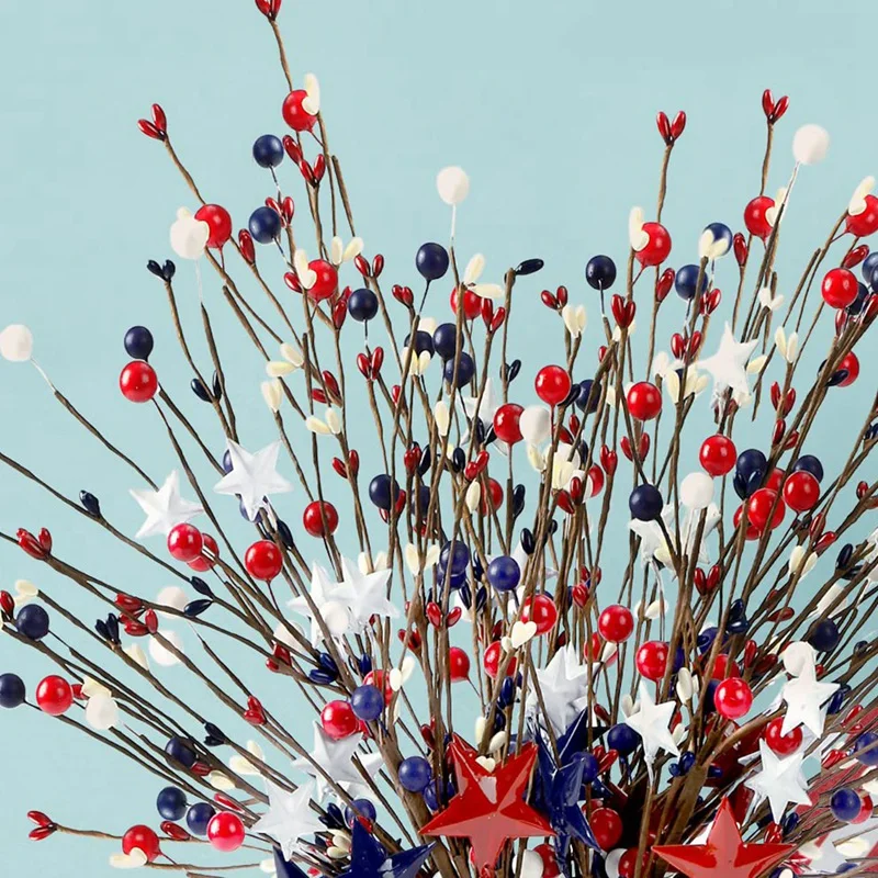 6PCS 16Inch Artificial Berry Stem Picks Patriotic Pip Berry For 4Th Of July Independence Day Memorial Day Decoration