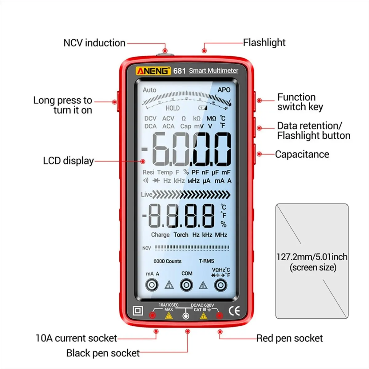 DT38 ANENG 681 Rechargable Digital Multimeter Non-Contact Voltage Tester AC/DC Voltage Meter LCD Screen Current Tester Red