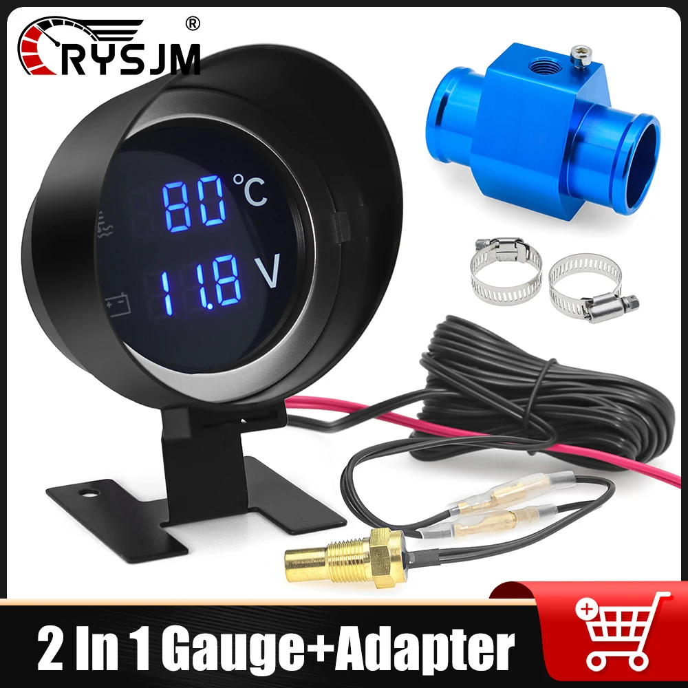 2 In 1 Car Gauge Voltage Meter + Water Temperature Voltmeter LED Digital Gauge + Adapter With 1/8 NPT Sensor For 12V 24V Vehicle