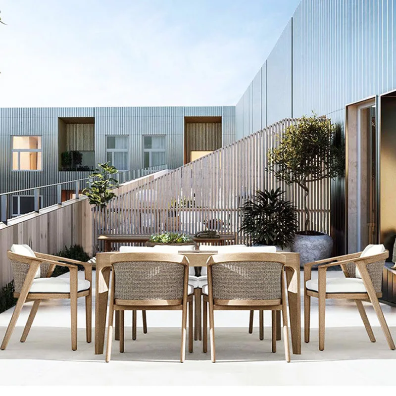 

Nordic solid wood teak table and chairs courtyard villa balcony outdoor open-air garden hotel preservative teak leisure rattan c