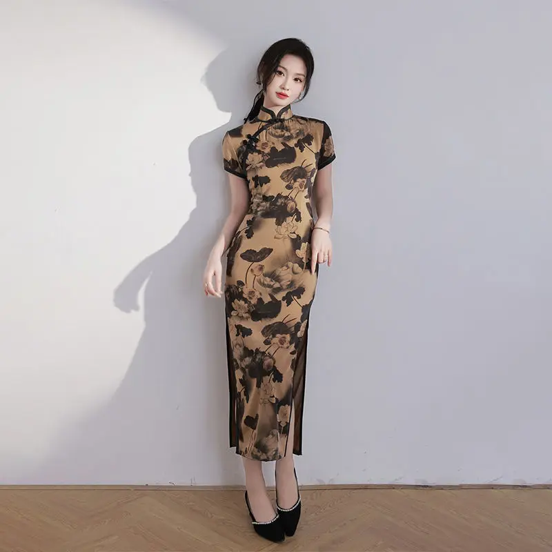 Vintage elegante qipao vestido de noite oriental de verão feminino estilo chinês tradicional robe vestidos cheongsams roupas s a 3xl