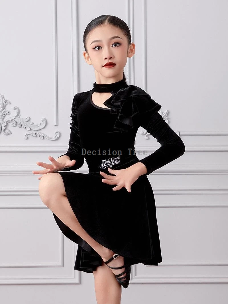 2025 autumn winter girls' latin dance practice dress children performance competition long sleeve velvet skirt 2 piece dance set view 5
