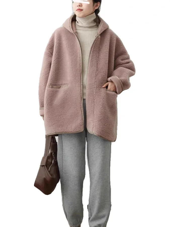 

Autumn Winter Women's Casual Hooded Lamb Fur Jaet Outlet Store Warm Top Faionable Korean Sle Zipper Closure Long Sve