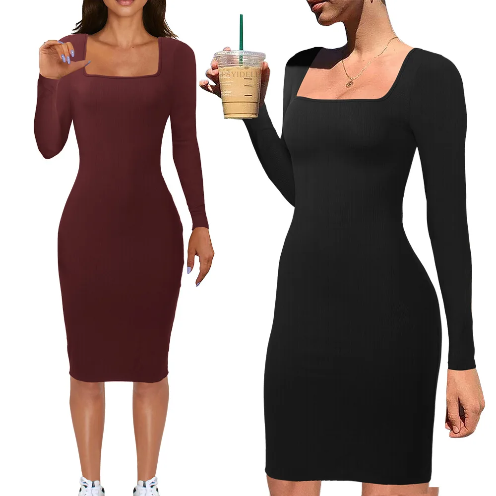 

Slimfit Square Ne Tight Hip Dr Women's Skirt Sexy mid Waist Polyester Long Sve Ball Gown for Ladies Spring Season