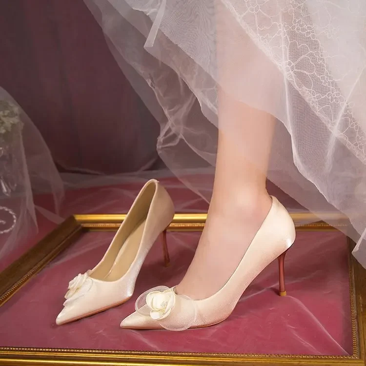 Fine Heeled Shoes Shallow Mouth Stiletto Beige Slides PU High Rubber Thin Beige High Heels Fine Heeled Shoes Shallow Mouth 12cm image 2