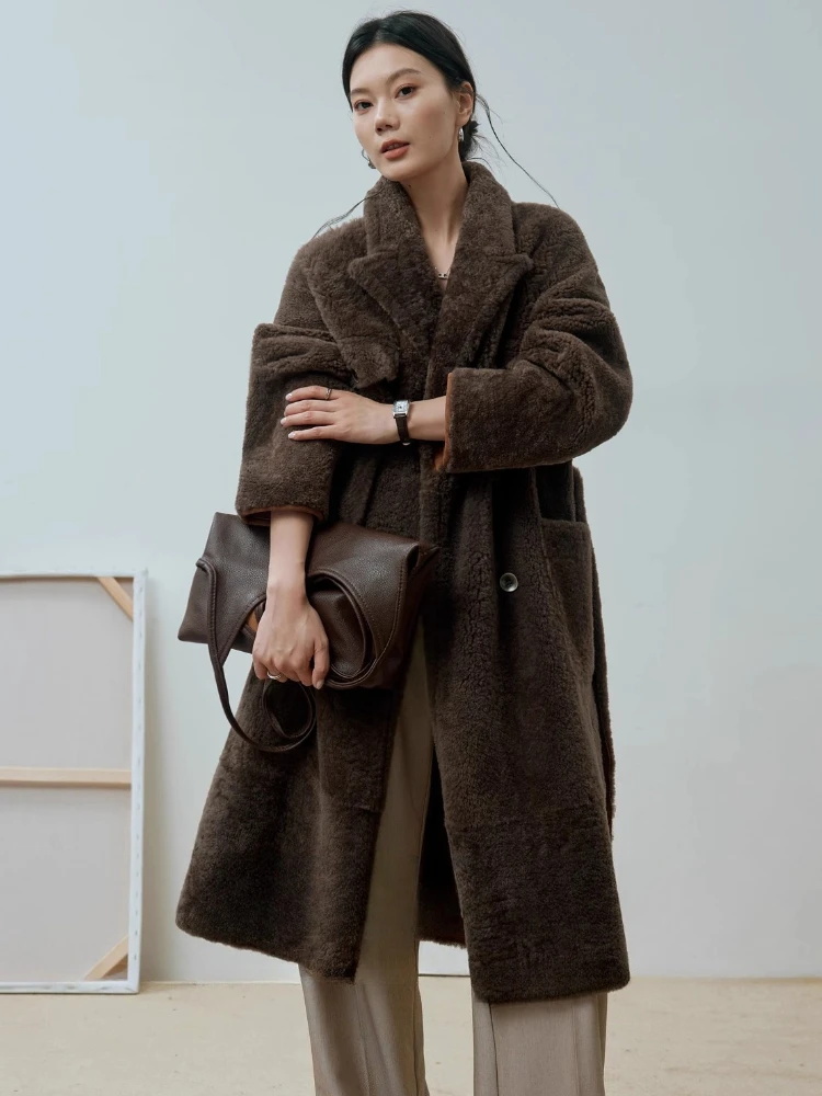 High-end Luxury Natural Lacon Lamb Fur Long Winter Jackets for Women Simple Fluffy Warm Genuine Leather Real Fur Coat with Belt