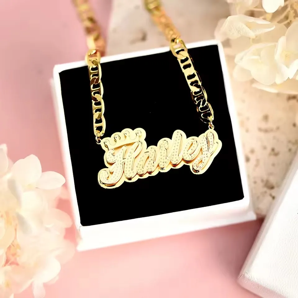 Jewelry Gift Personalized Double Layer Pendant Flat Chain Customized 3D Name Necklace with Crown Women's Stainless Steel
