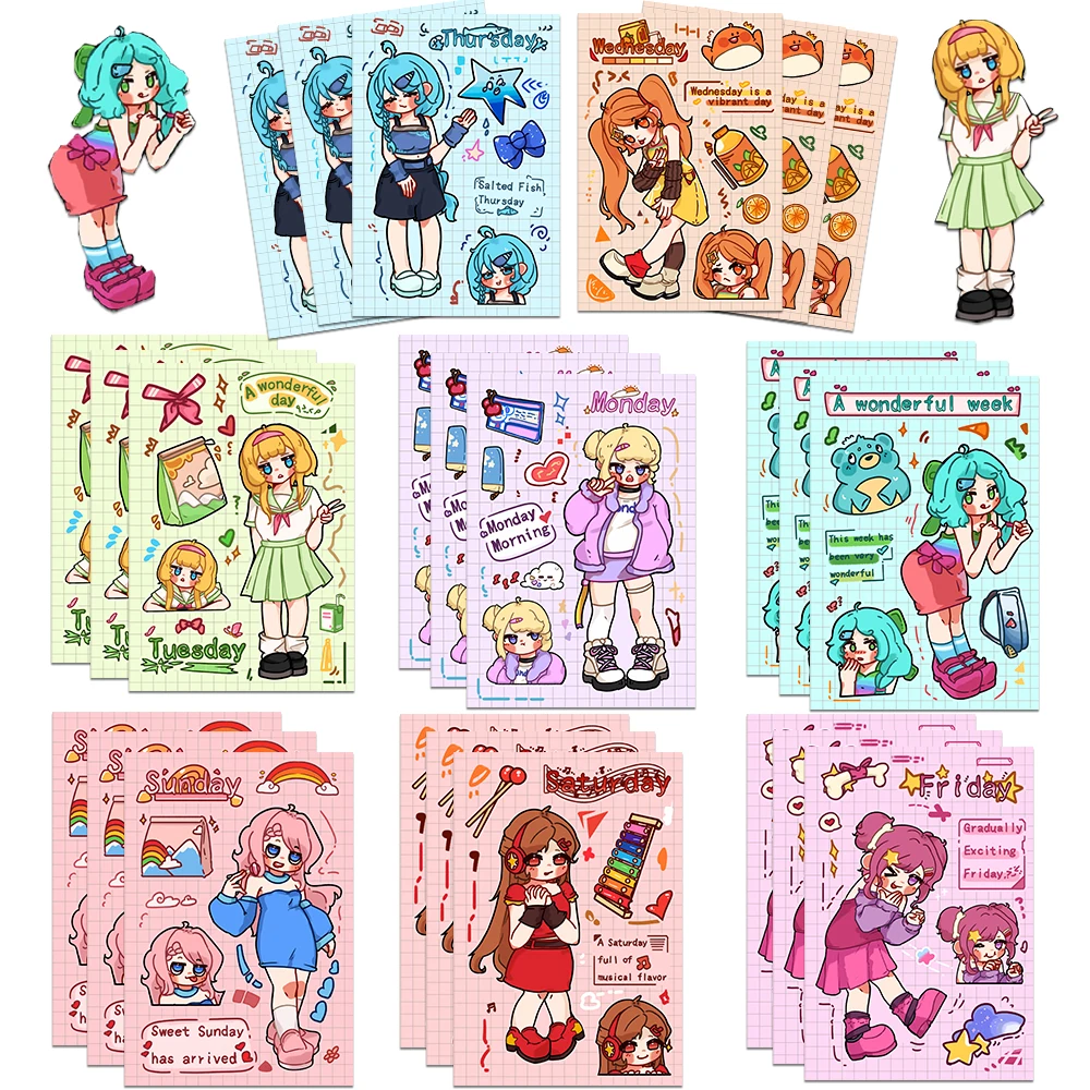 

8/16Sheets Cartoon Sunday Girl Stickers Pack for Kids Cute Graffiti Decals Book Phone Luggage Guitar Laptop Sticker Kids Toys