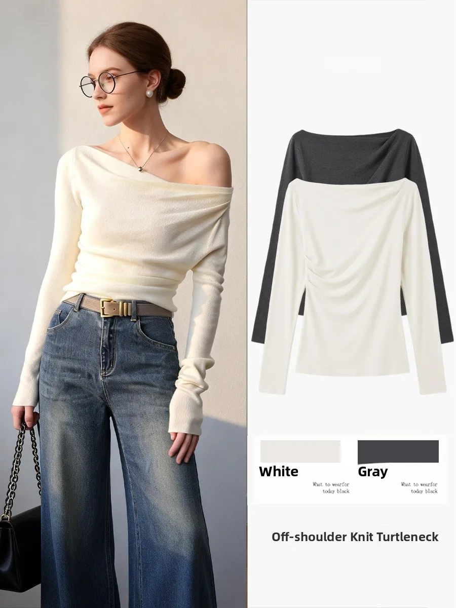 

French Sle Knitted One oulder Long Sve Women's Base irt Slim Fit Exposing oulder Spring Autumn New Arrival