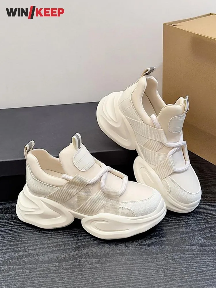 

Versatile Women New Breathable Lace Up Thick Platform Running Shoes Spliced Outdoor Sports Height Increasing Footwear Sneakers