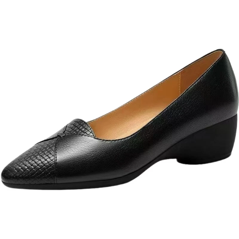 Women Block Heel Round Toe Leather Shoe Spring Summer New Soft sole Non Slip Shallow Slip On Lightweight Work Shoe Commuter Shoe