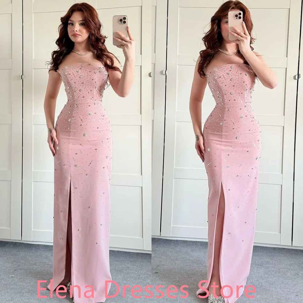 Vestido de fiesta de Jersey rosa elegante/gragico personalizado, vestido clásico sin tirantes de cristal con gradas, vestido de sirena con cremallera en la espalda