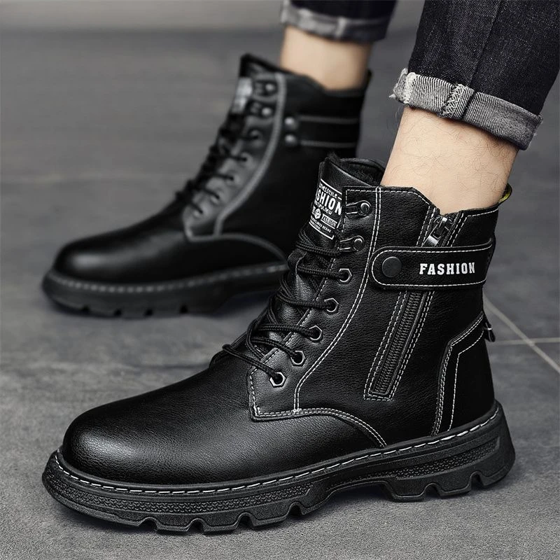 سميكة صوف مبطن الرجال شتاء دافئ القطن مبطن أحذية الثلوج سلامة العمل دراجة نارية عمال الجلود مقاوم للماء الدانتيل يصل