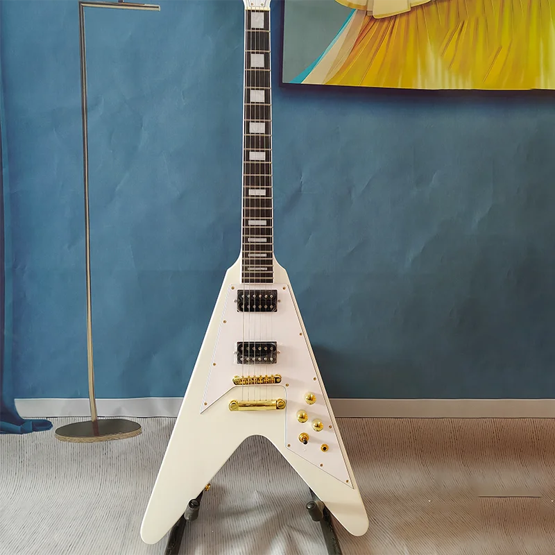

White V-shaped Electric Guitar, Rock Style, 22 Frets 6 Strings, Gold Hardware，No Logo