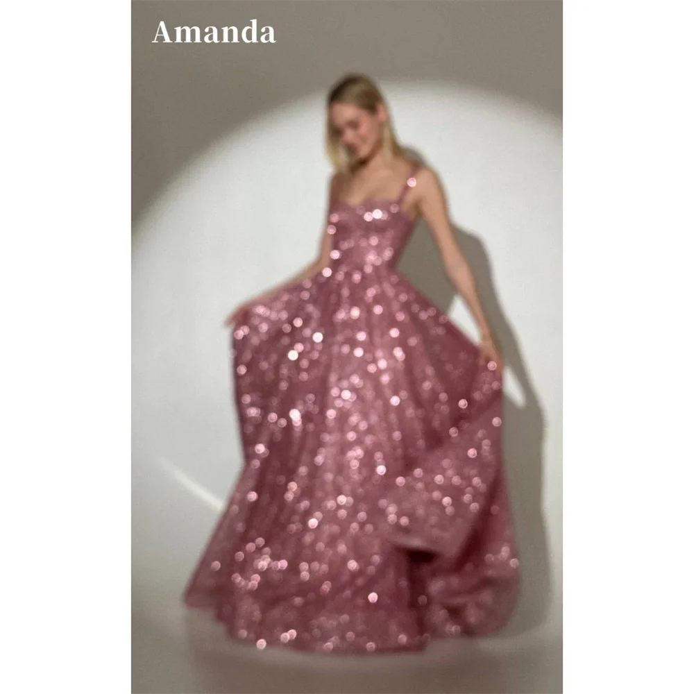

Amanda Customized Pink Spaghetti Strap Shiny Sequins Prom Dress A-Line Sleeveless vestidos de noche Floor-Length Formal Evening